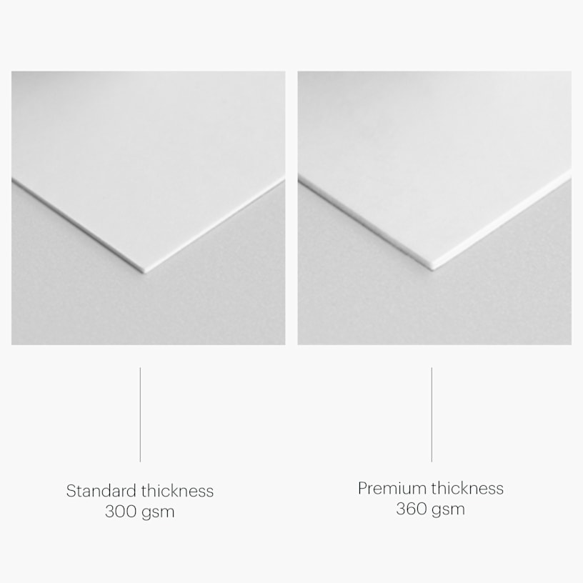 Two referential images showing the paper thickness options for spot UV business cards.