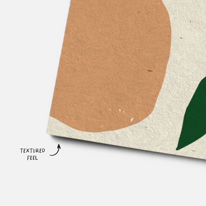 A close up of a hemp-blend business card with a note emphasising its textured feel.