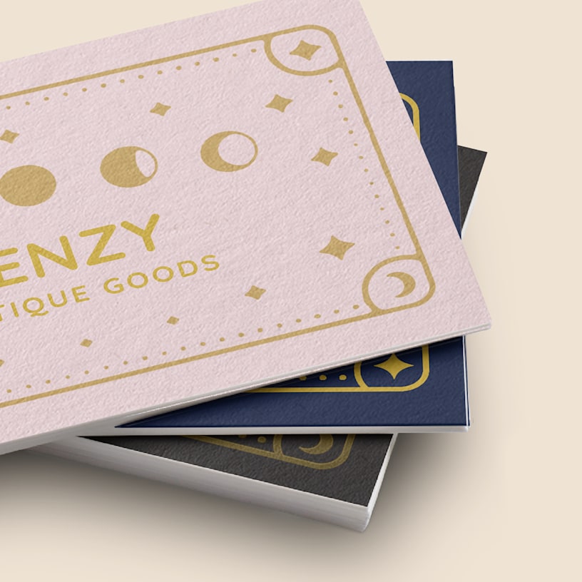 A stack of hemp-blend business cards featuring a boutique shop.