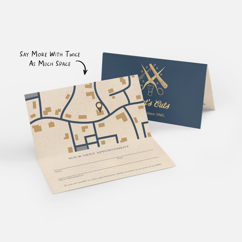 Folded business cards for a barber shop, also serving as an appointment card, with a note emphasising the extra writing space.