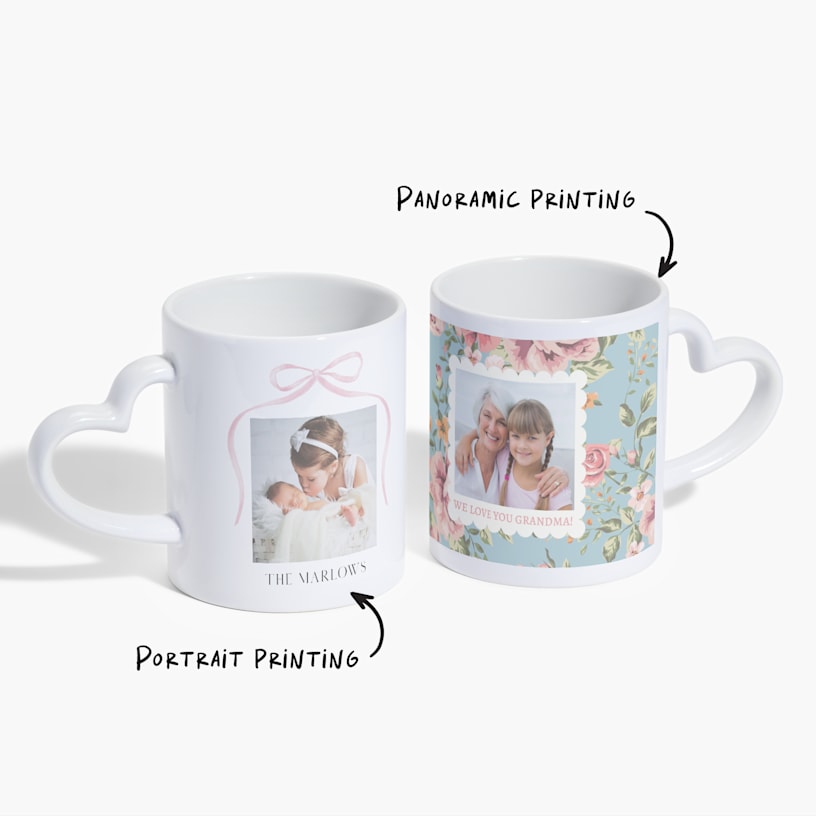Two heart-shaped handle mugs, one printed with a family name and the other customised for a grandmother. A note indicates that both portrait printing and panoramic printing are available. 