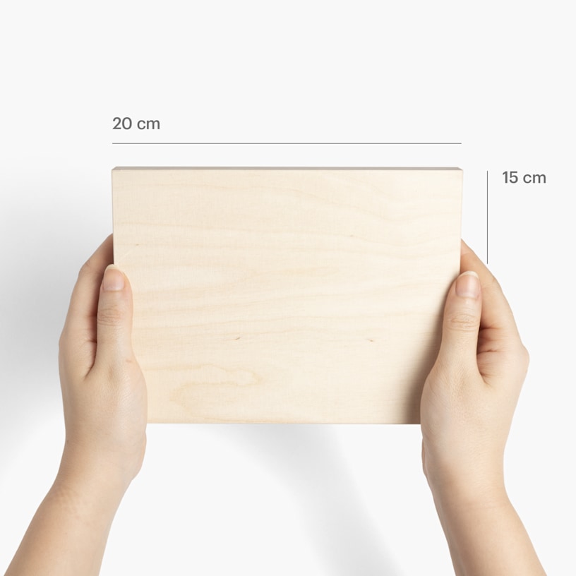 A wooden photo block listed by its size: 20 cm x 15 cm. 