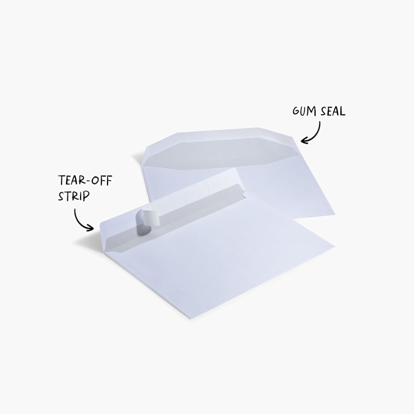 Close-up of a white custom business envelope with a partially peeled adhesive strip, showing the tear-off protective strip for sealing.