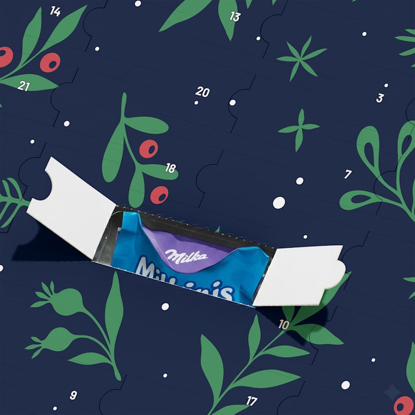 An opened door on a personalised advent calendar showing a Milka chocolate inside.