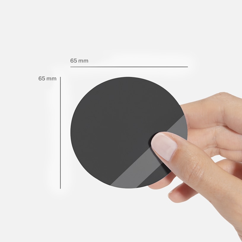 A circle shaped business card measuring 65 x 65 mm.