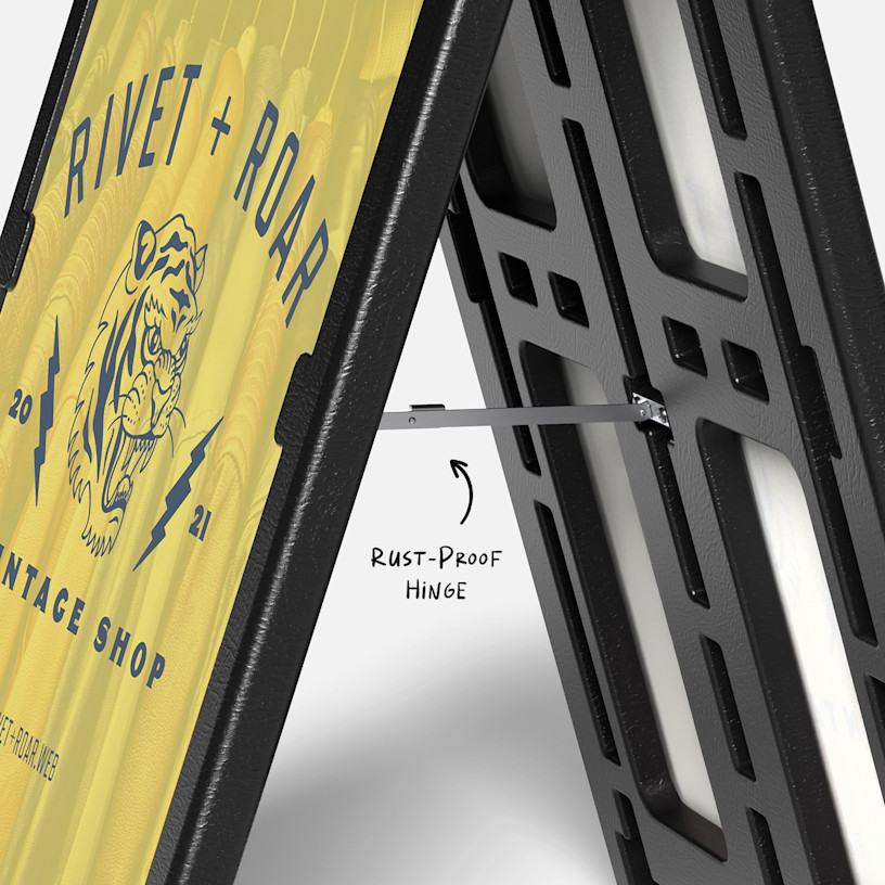 A closeup of the rust-proof hinge on a water-fillable A-frame.