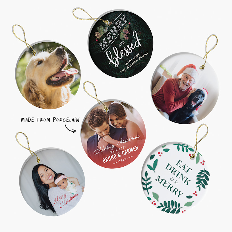 Six different Christmas ornaments featuring photos and text, side by side. An arrow points to the porcelain material. 