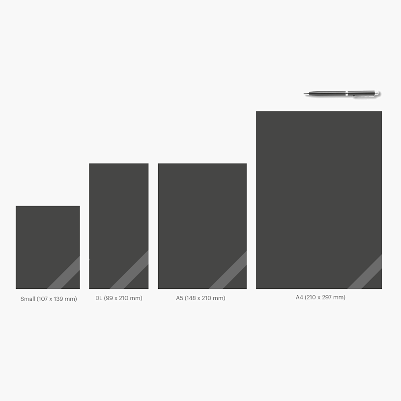 Four different notepad sizes, relative to a ballpoint pen: small, DL, A5 and A4.
