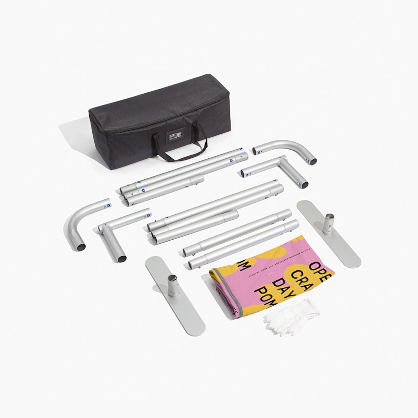 The complete event barrier bundle, which includes the fabric, aluminium frame and a carry bag for easy transportation.