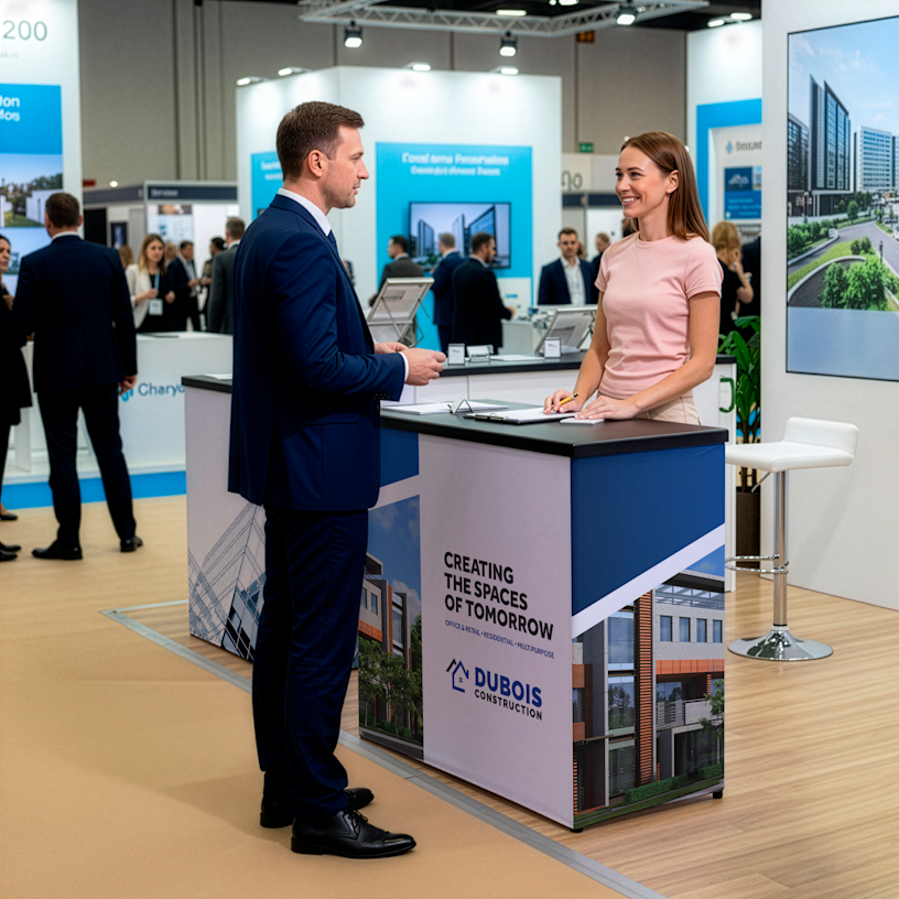 A trade show display counter promoting a construction business, featuring a logo and a photo of a building.