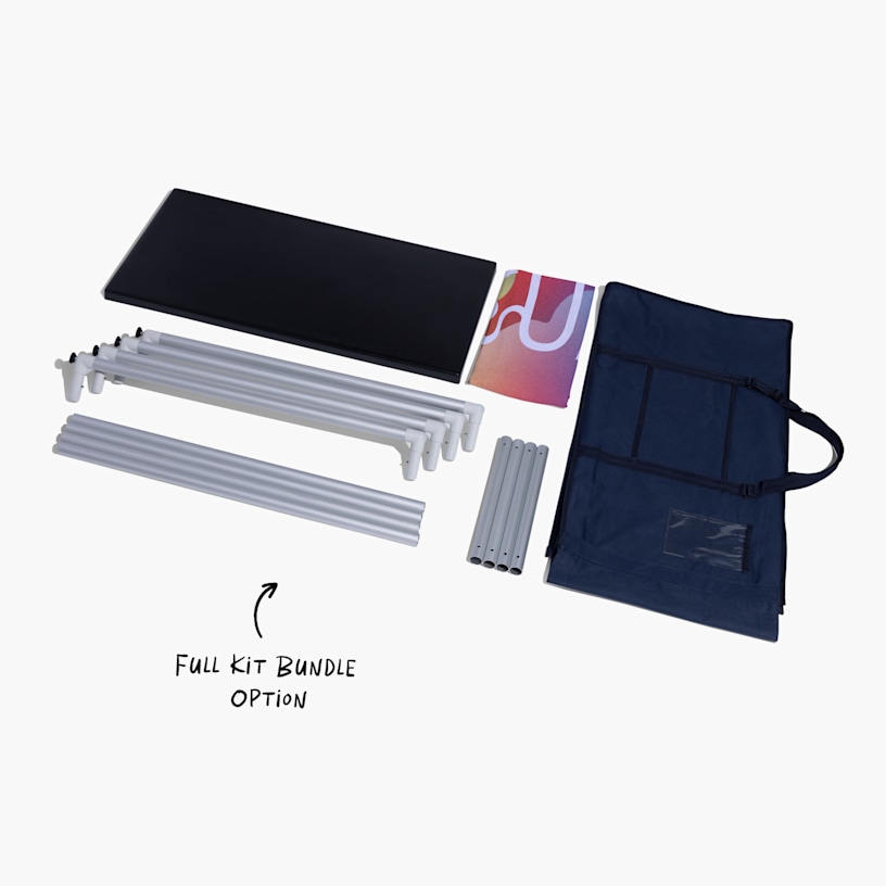 The complete trade show display counter bundle, which includes the fabric, aluminium frame, tabletop and a carry bag for easy transportation.