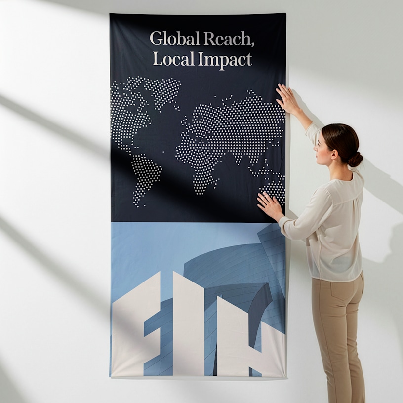 A fabric poster promoting a firm being installed onto a wall.