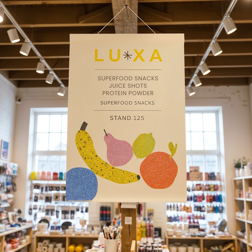 A fabric poster promoting a wellness brand hangs from the ceiling.