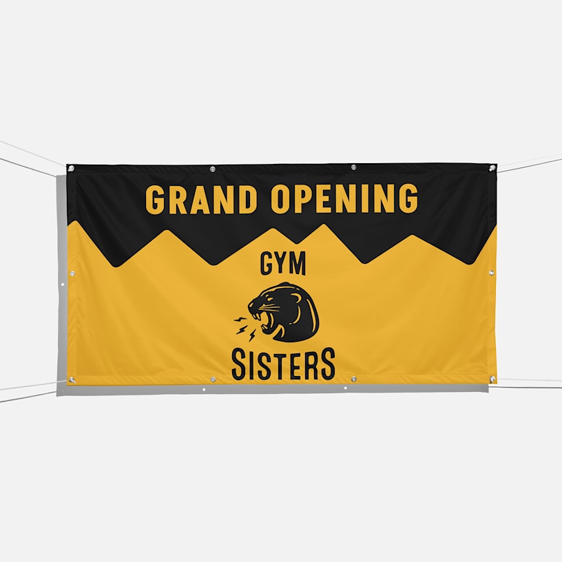 A horizontal mesh banner promoting a gym's grand opening.