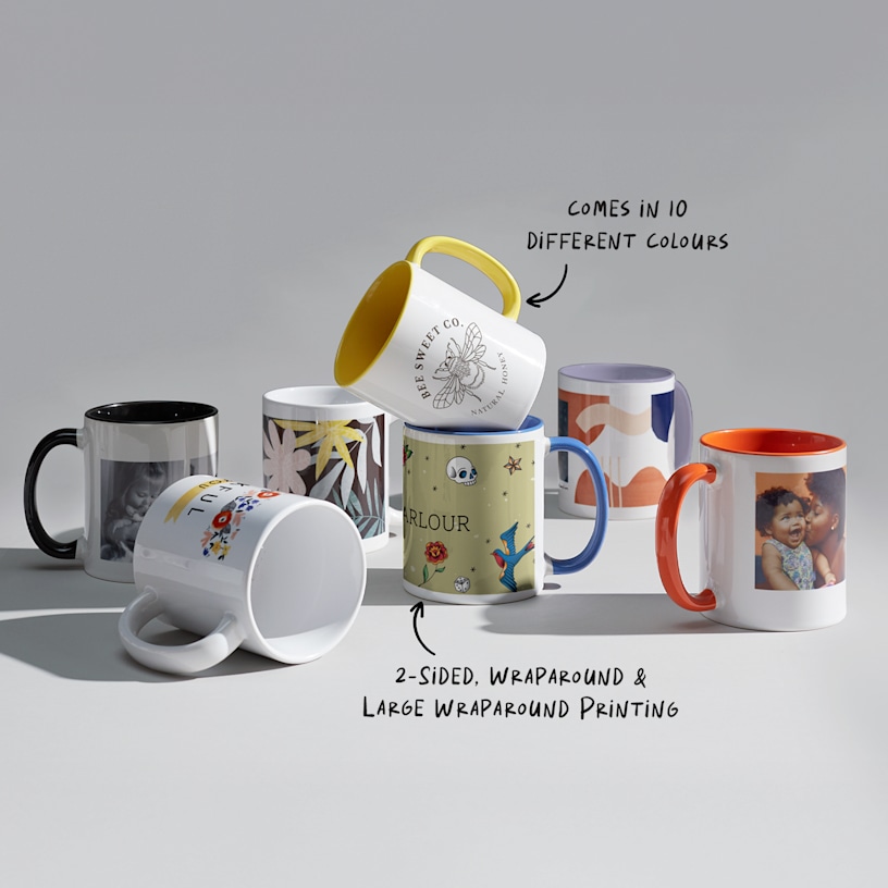 Mugs in assorted colours, featuring 2-sided and wraparound designs.