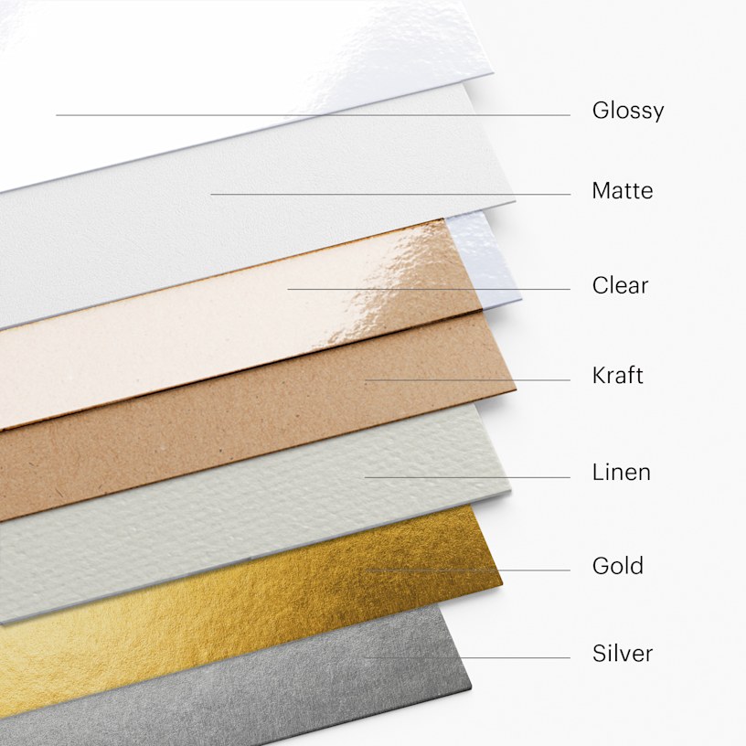 Seven return address roll label options, side by side: glossy, matte, clear, kraft, linen, gold and silver.