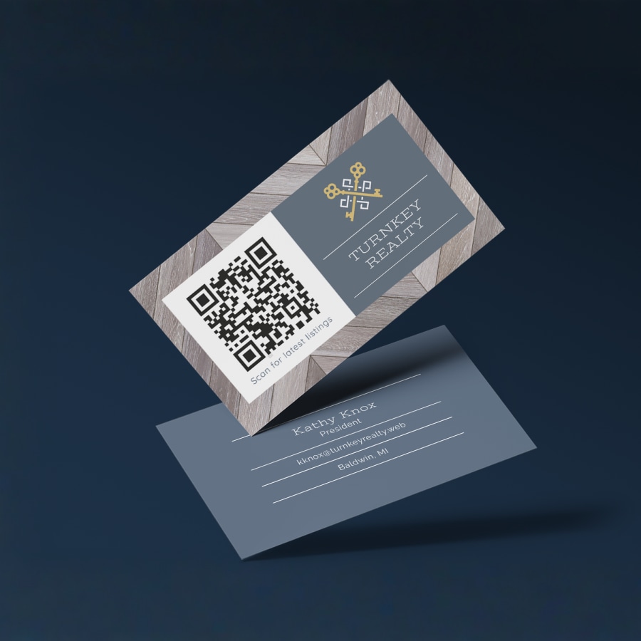 QR code business card for real estate showing front and back