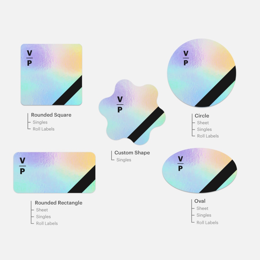 A preview of every holographic sticker shape available, with the formats they’re available in listed below.