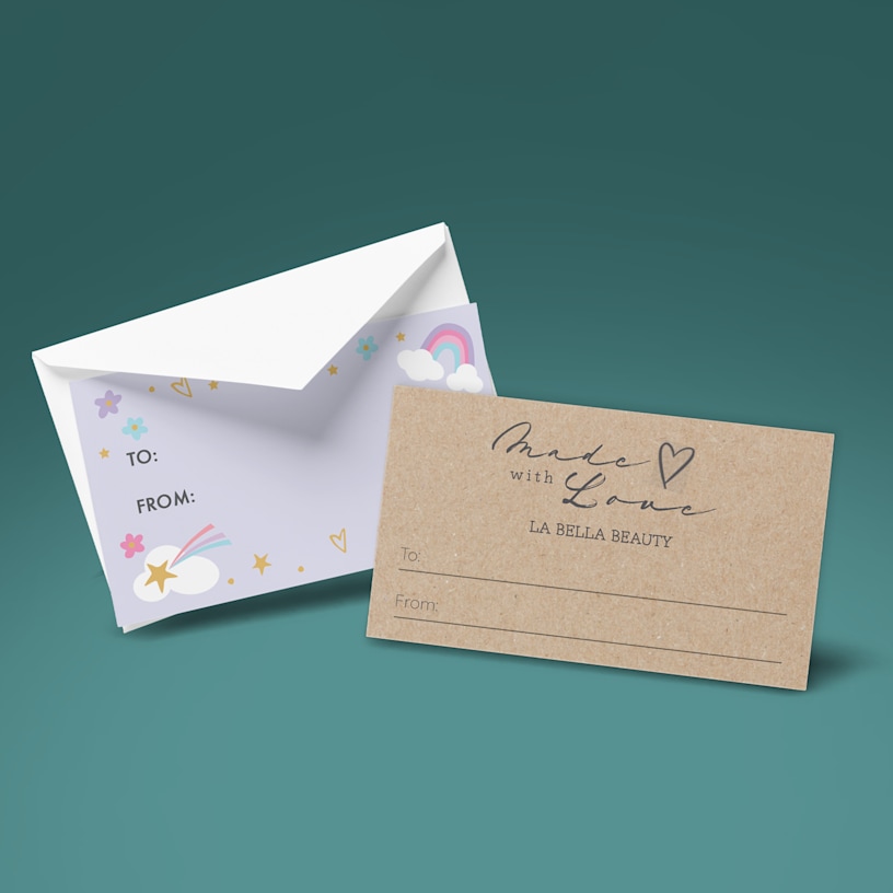 Two gift tags, one customised with a kids’ design and the other customised for a beauty business. 