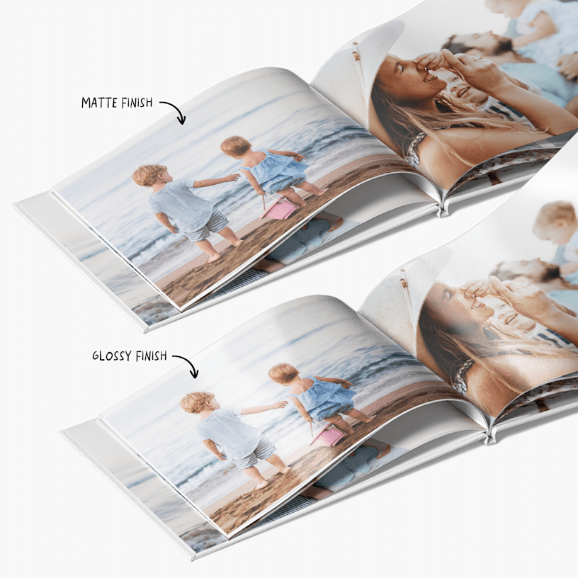 Two photo books open to pictures of a family at a beach, with a note that there are 2 paper finishes; matte and glossy.