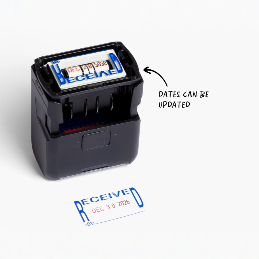 A date stamp with adjustable dates, shown with a stamped example.