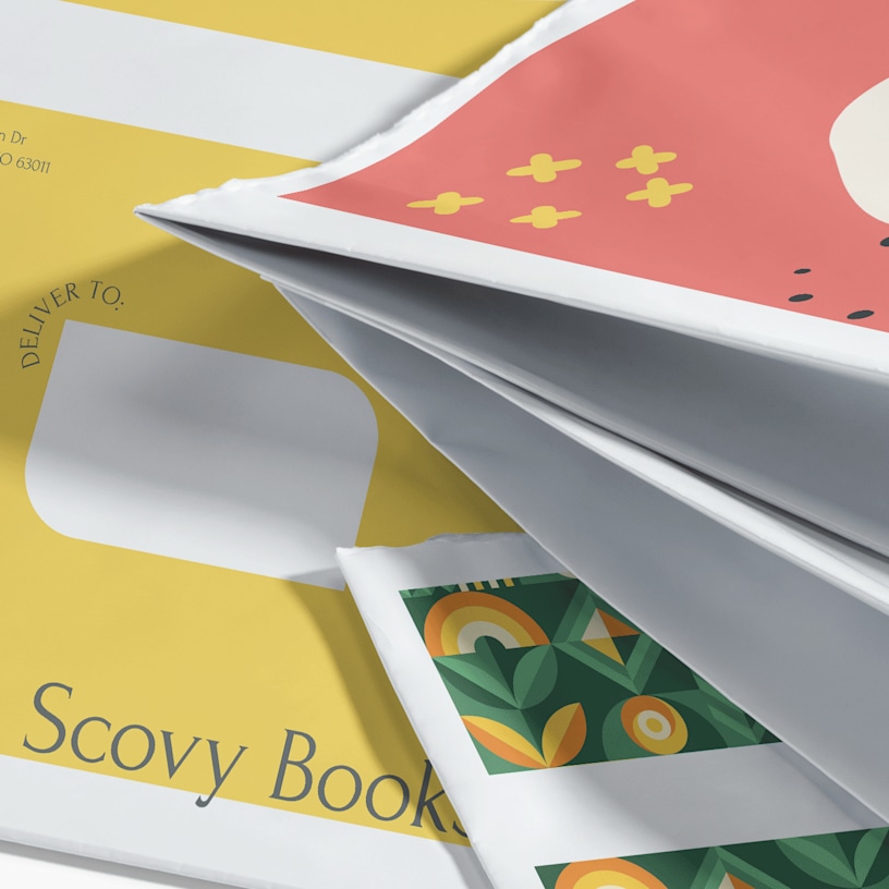 A pile of Poly Mailers promoting different businesses with a focus on the bottom gusset option.