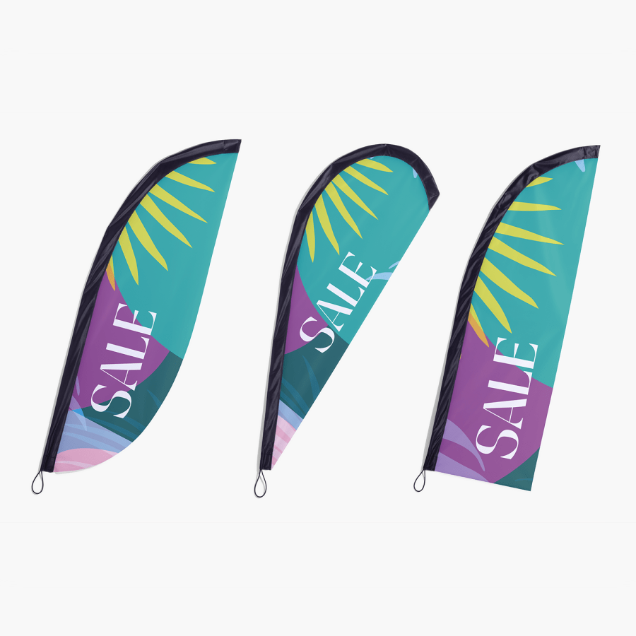 Colorful feather, teardrop and sail flags promoting a sale.