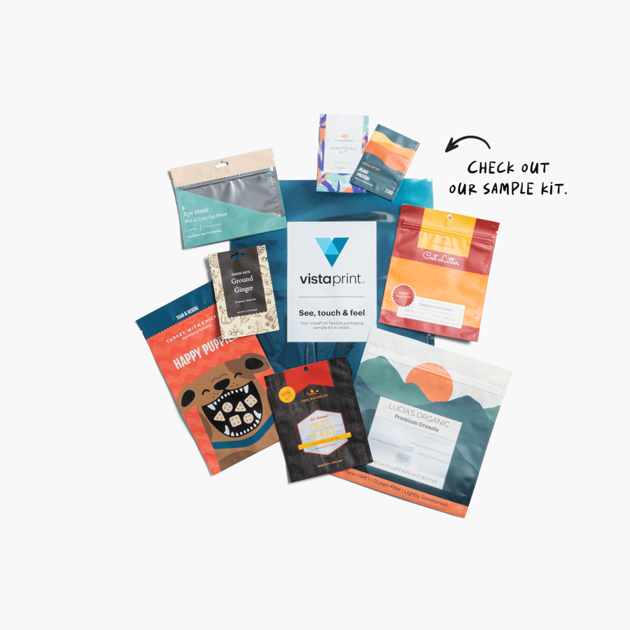 A variety of different size flat pouches in our flat pouch sample kit.