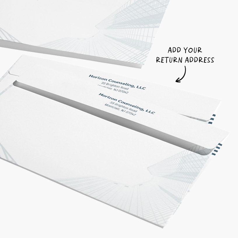Back of a custom envelope with a business focused design. There is a text that says that you can add your return address