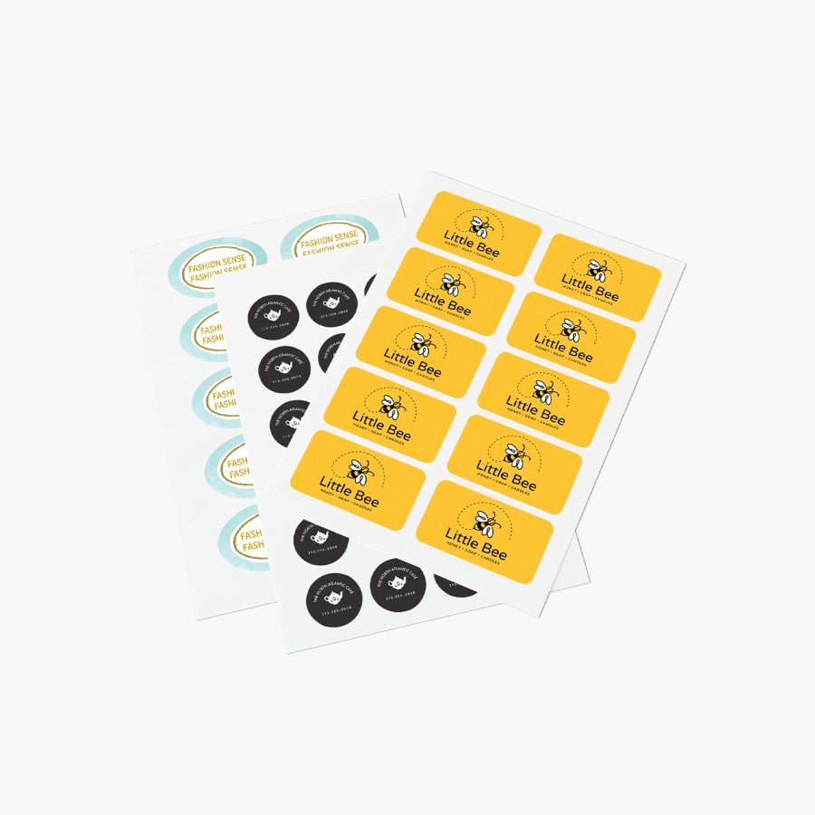 1 sheet of rectangular stickers, 1 sheet of circular stickers and 1 sheet of oval stickers, all from different companies.