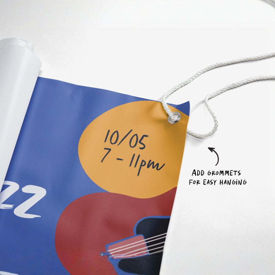 A hanging banner with grommets and rope, and the callout “Add grommets for easy hanging.