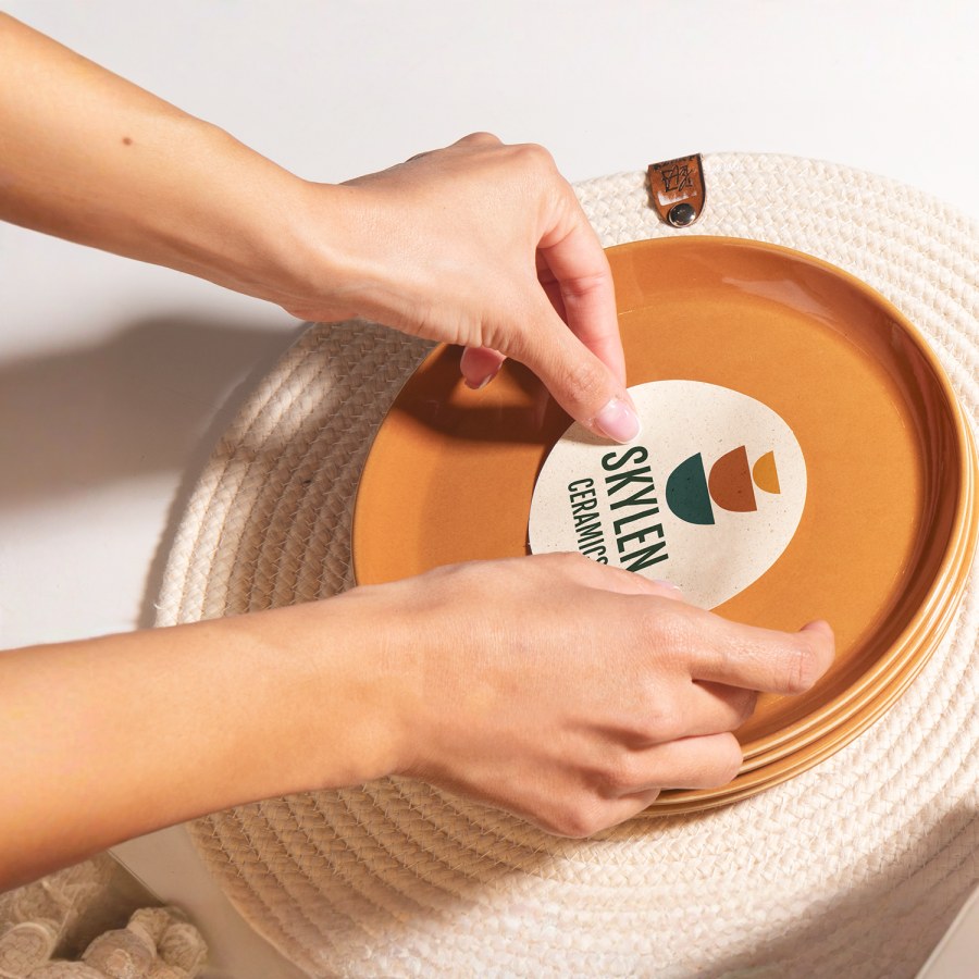 A person applying a packaging label from a ceramics company to a plate.