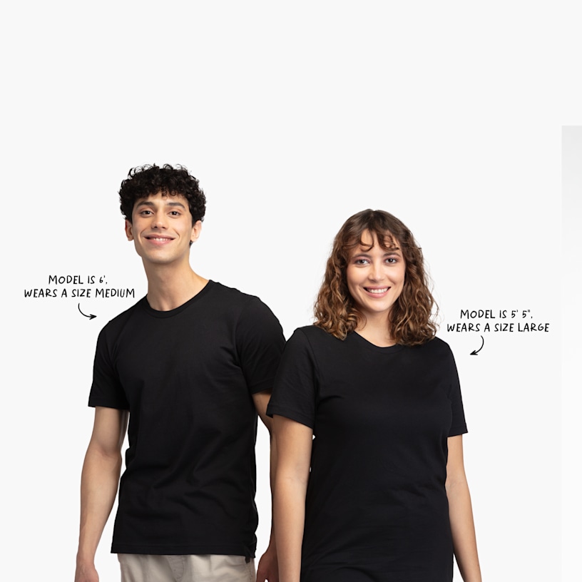 A male model and female model wearing plain black T-shirts. A note that the male model is 6' and wears a size medium, and the female model is 5'5" and wears a size large.    