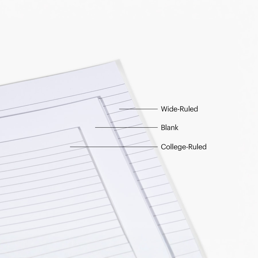 A photo showing the interior pages of different personalized  notebooks, including blank, wide-ruled and college- ruled.