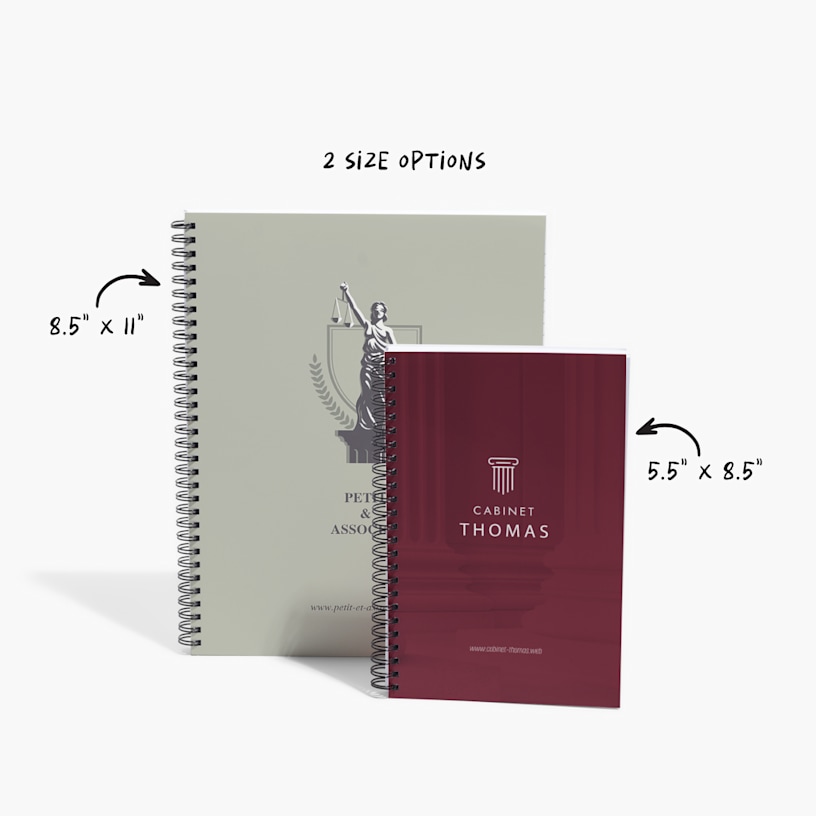 Two branded notebooks standing next to each other, showing the different size options.