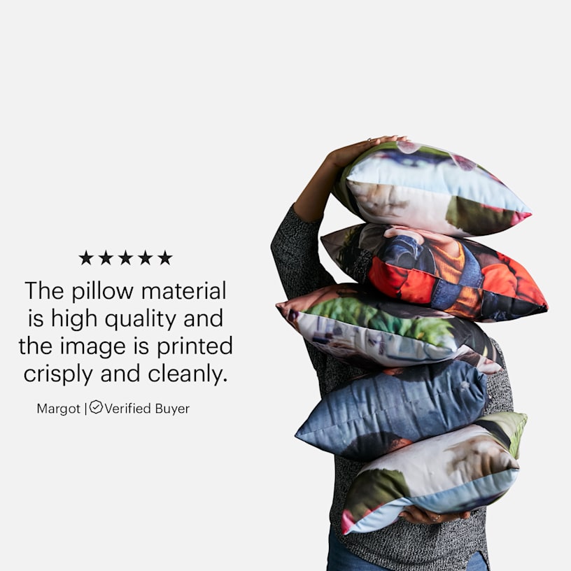 A person holding a stack of custom pillows that feature different photos. A customer review for pillows reads: “The pillow material is high quality and the image is printed crisply and cleanly."