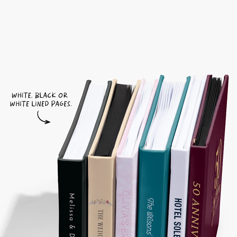 Guest book spines customized for various occasions, including a bridal shower and anniversary party. 