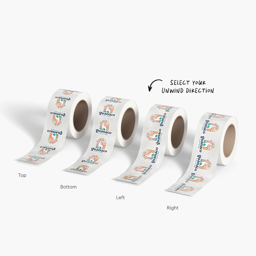 4 roll labels with each roll’s stickers facing a different direction, with a note pointing out that customers can select their preferred unwind direction for their roll labels.