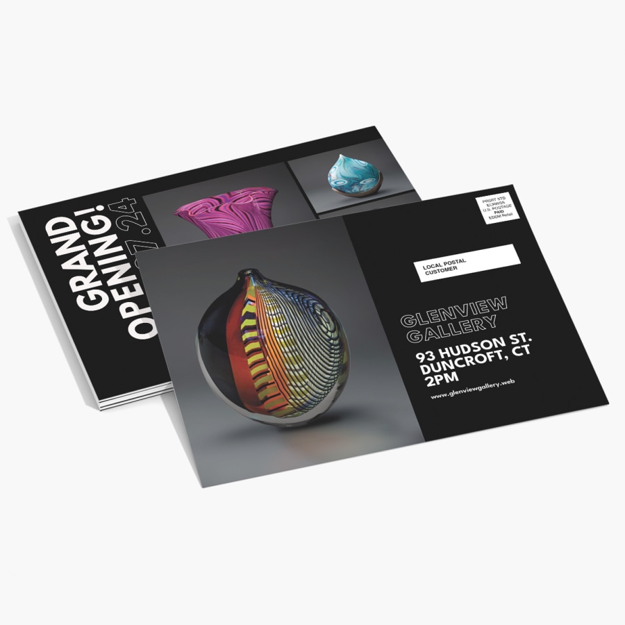 Front and back view of an Every Door Direct Mail (EDDM) postcard for a gallery opening, featuring artwork previews and event details.