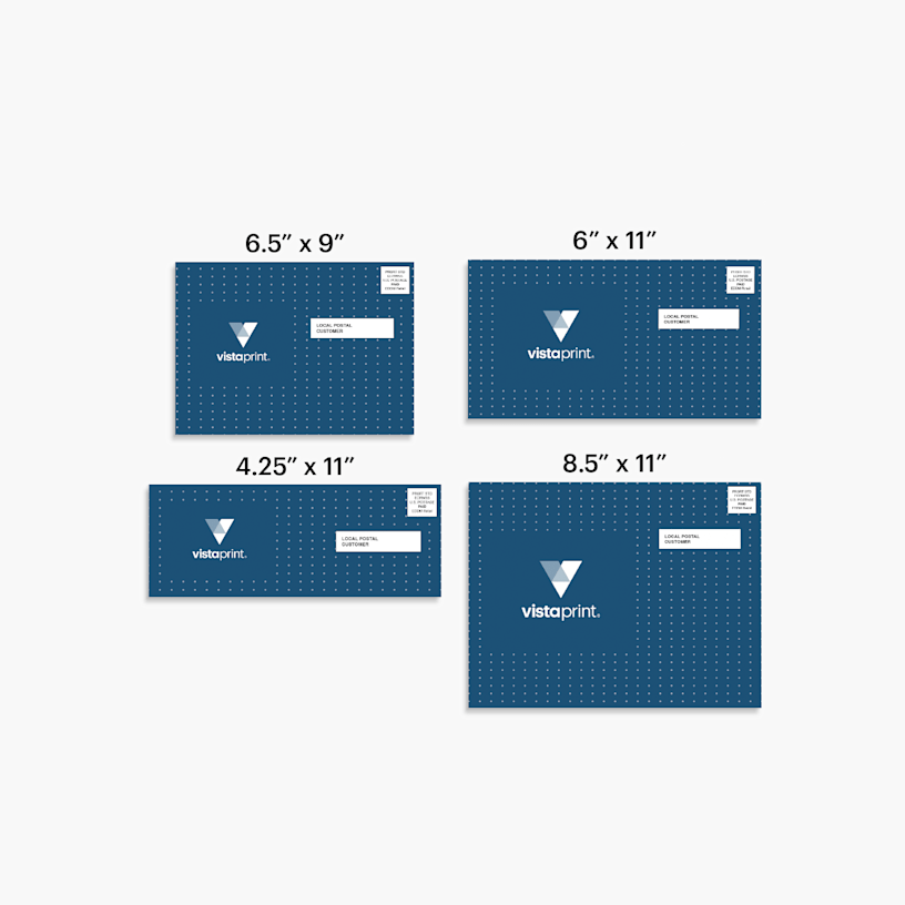 Four Every Door Direct Mail (EDDM) postcards, labeled by size.