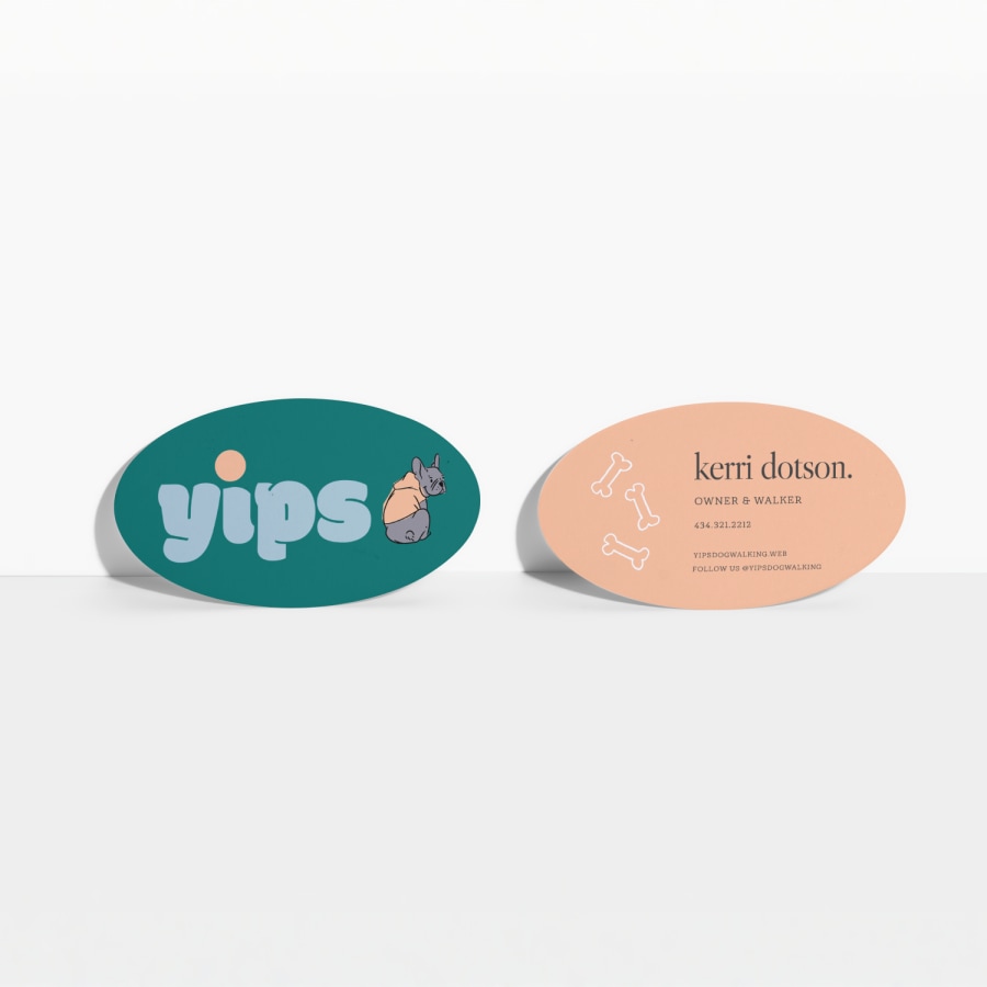 Front and back views of an oval business card for a dog walker.