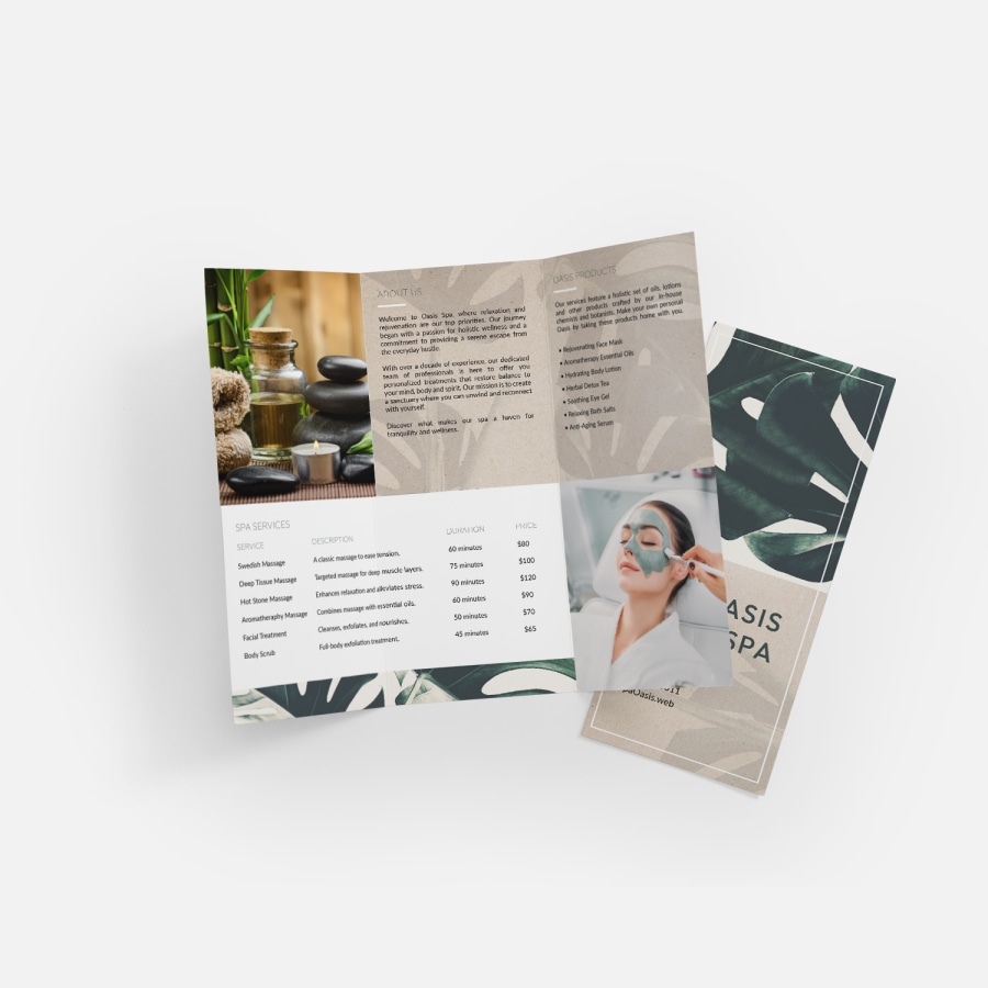 2 tri-fold menus for a spa. One is open, and lists out different services in the middle sections.  