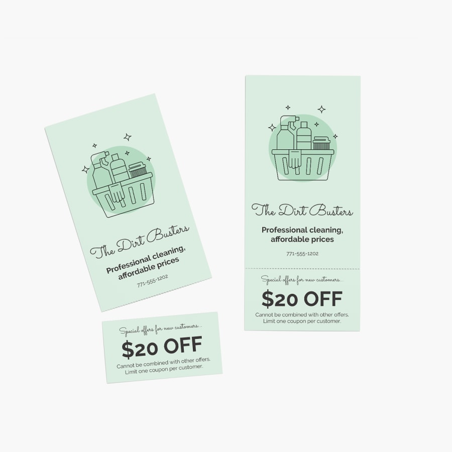 Two rip cards for a cleaning service, with perforated vouchers promoting a sale.