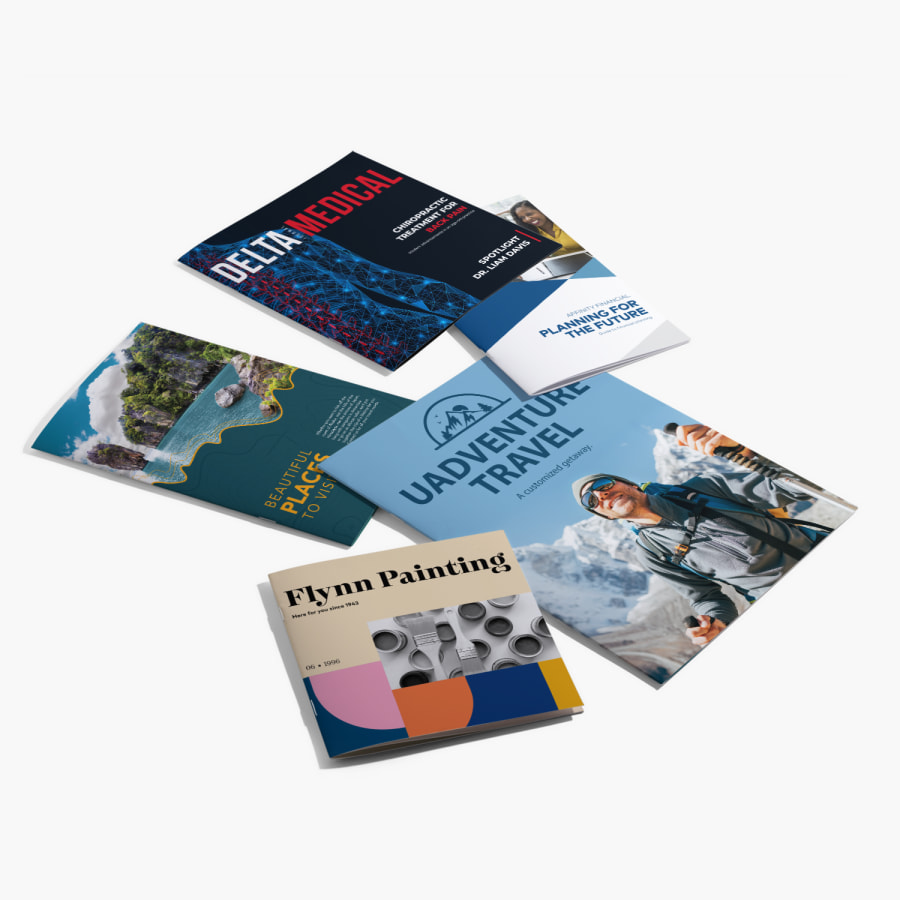 Saddle-stitch booklets of different sizes. promoting a painting business, retirement firm, medical journal and two travel agencies. 