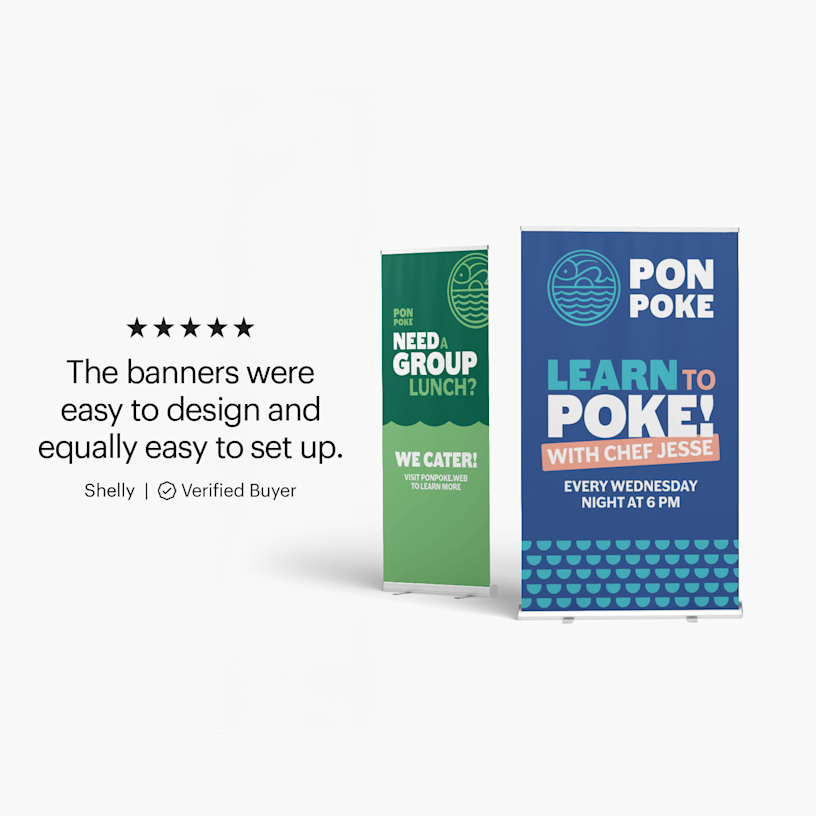 2 colorfully designed poke bowl retractable banners along with a quote from a satisfied customer about how easy they were to design and set up.