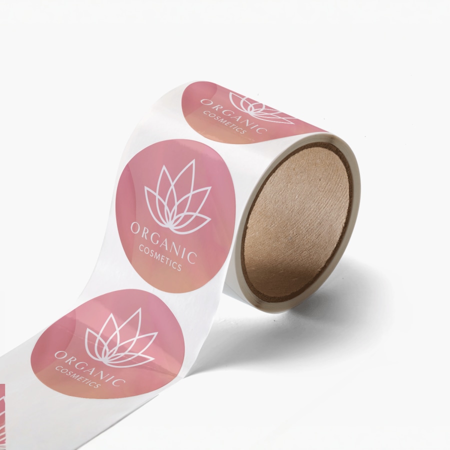 A roll of waterproof labels from a cosmetics company.