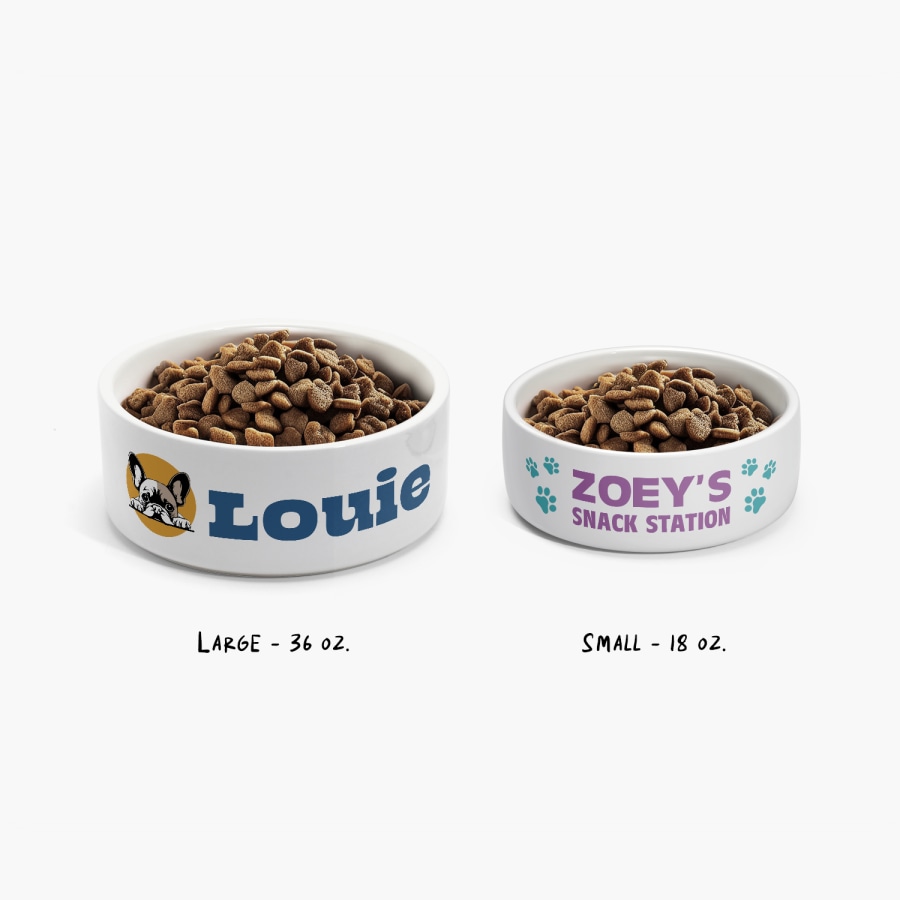 Two custom pet bowls, with notes that one is large (36 oz.) and the other is small (18 oz.).