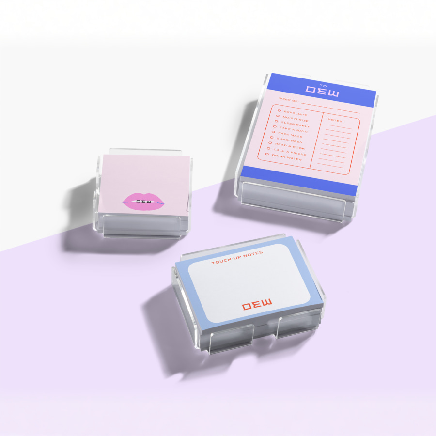 3 different sizes of acrylic Post-it® holders, filled with custom Post-it® Notes for a beauty company.