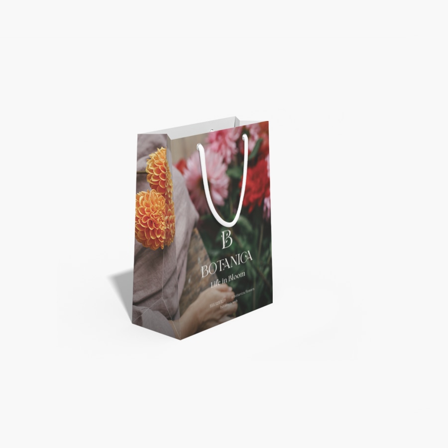 Branded paper bag showing full colour, front and sided printing.