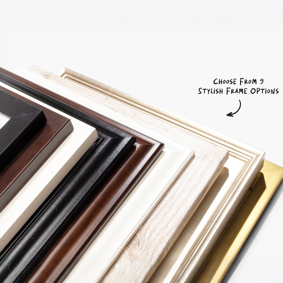 A collection of 9 frames stacked on top of eachother, with a note that says you can choose from 9 stylish frame options.
